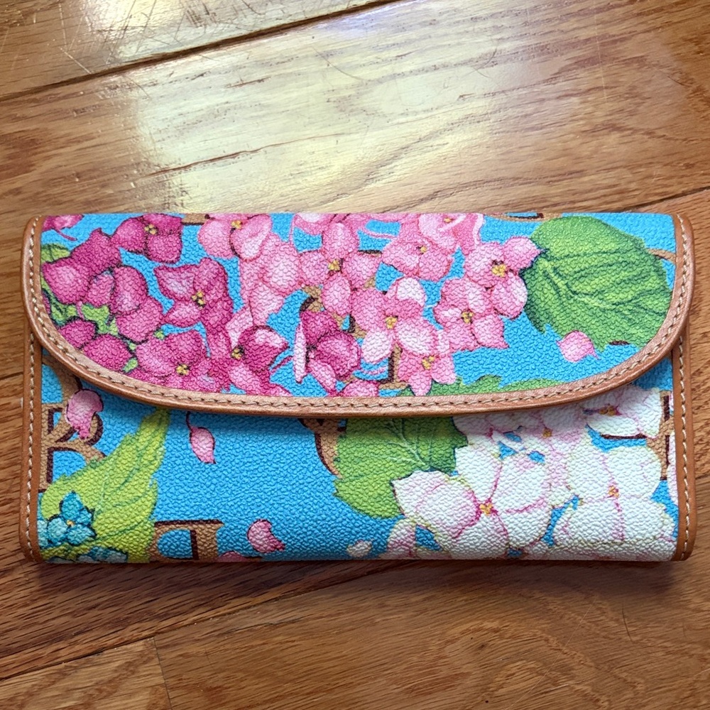 Floral Trifold Wallet in Pink & Turquoise with Leather Trim